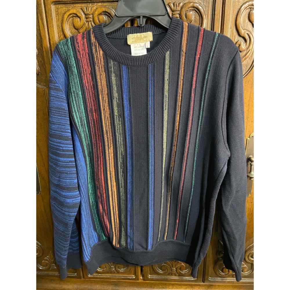 Montechiaro Mens Vertical Stripe Knit Sweater Made in Italy Navy Blue Large